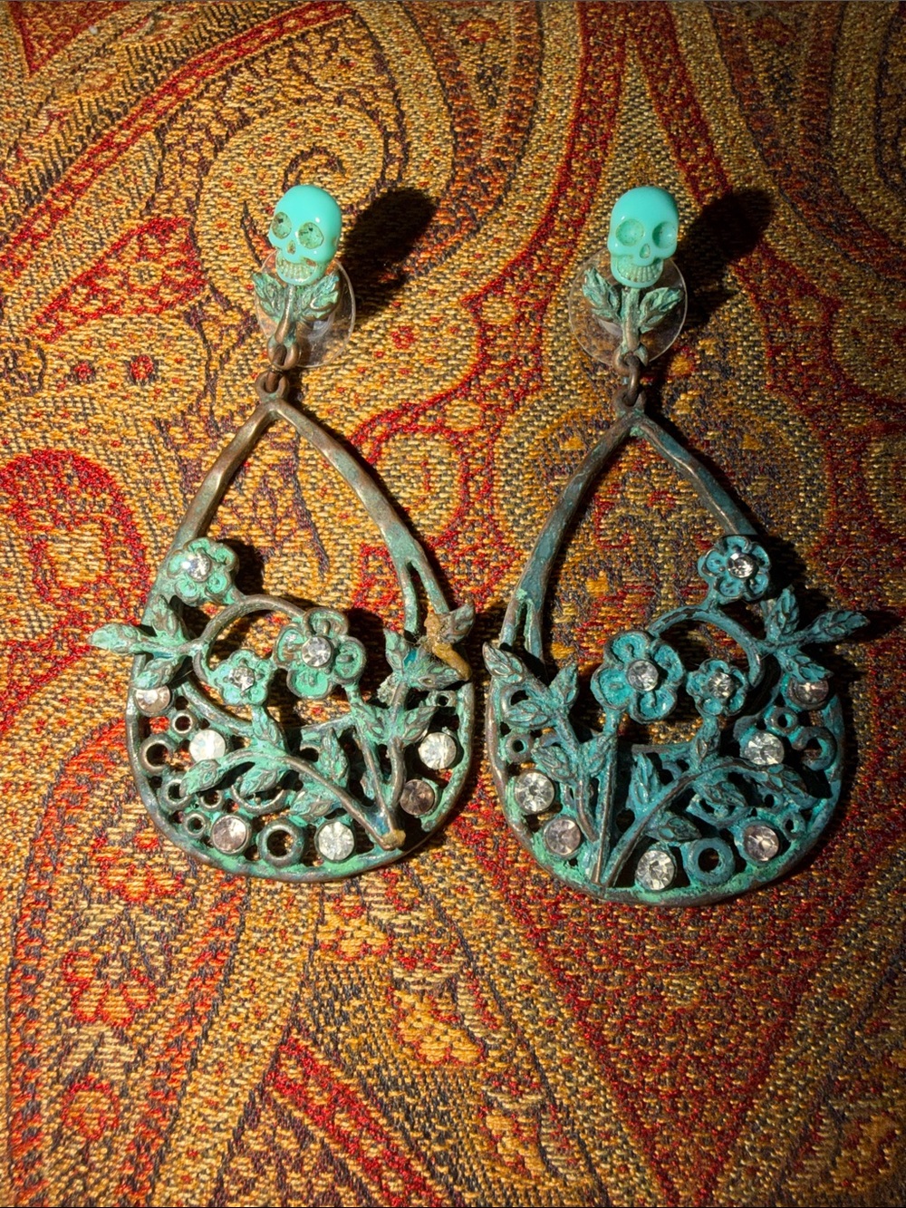 Turquoise skulls posts gorgeous vertigree Patina Floral crystal drop pierced
